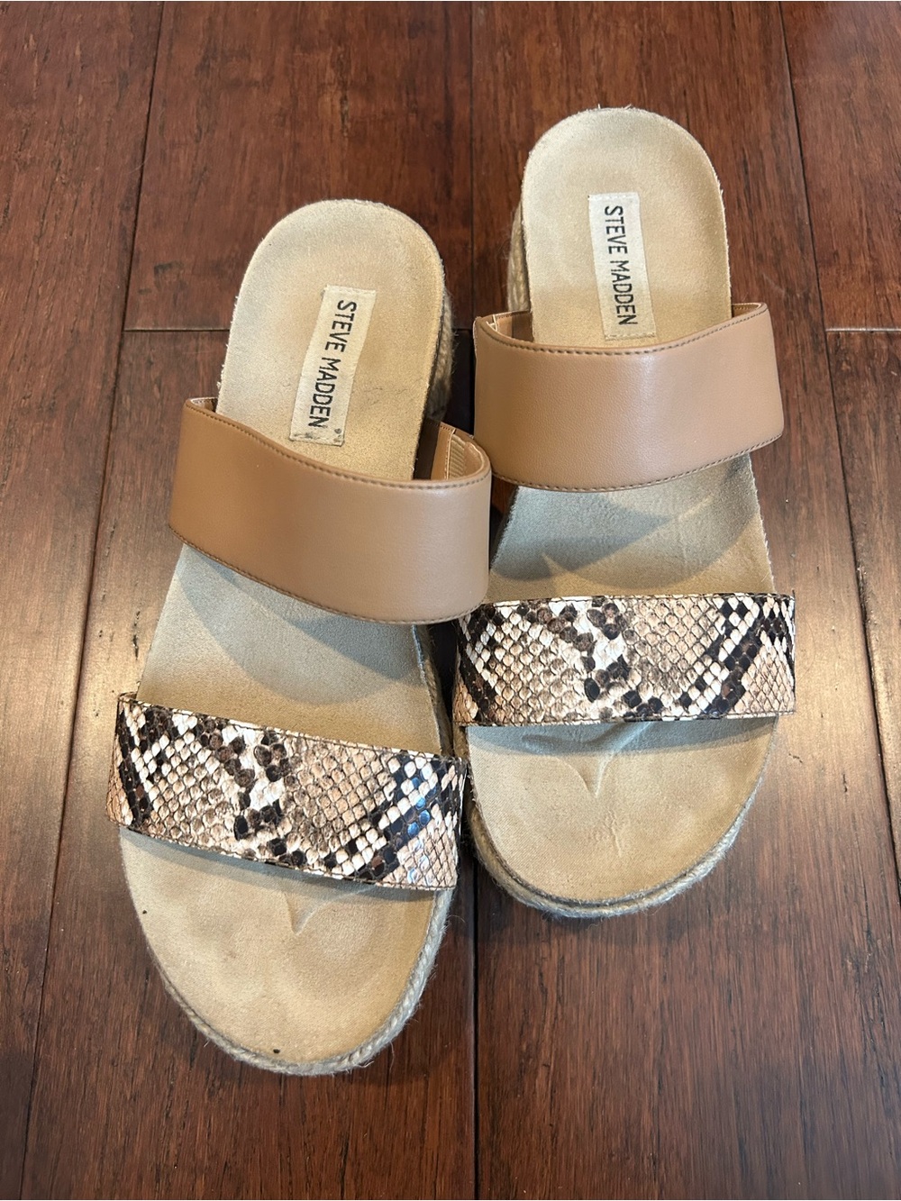 Steve Madden Jadey Tan and Snake-Print Double Strap Slides